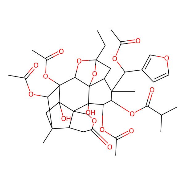 2D Structure of [1,10,21-Triacetyloxy-8-[acetyloxy(furan-3-yl)methyl]-5-ethyl-11,20-dihydroxy-8,18-dimethyl-15-oxo-4,14,22-trioxaheptacyclo[16.2.1.12,5.03,7.03,11.012,17.012,20]docosan-9-yl] 2-methylpropanoate