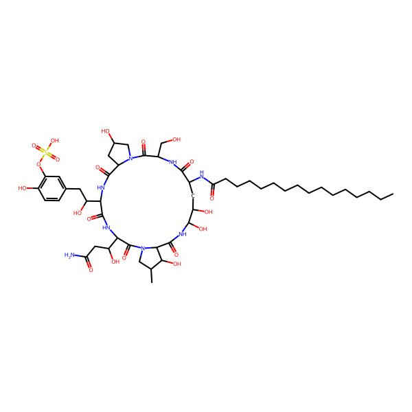 2D Structure of [5-[(2R)-2-[(3R,6S,9R,11S,15S,18S,20R,21S,24R,25R,26S)-3-[(1R)-3-amino-1-hydroxy-3-oxopropyl]-18-(hexadecanoylamino)-11,20,21,25-tetrahydroxy-15-(hydroxymethyl)-26-methyl-2,5,8,14,17,23-hexaoxo-1,4,7,13,16,22-hexazatricyclo[22.3.0.09,13]heptacosan-6-yl]-2-hydroxyethyl]-2-hydroxyphenyl] hydrogen sulfate