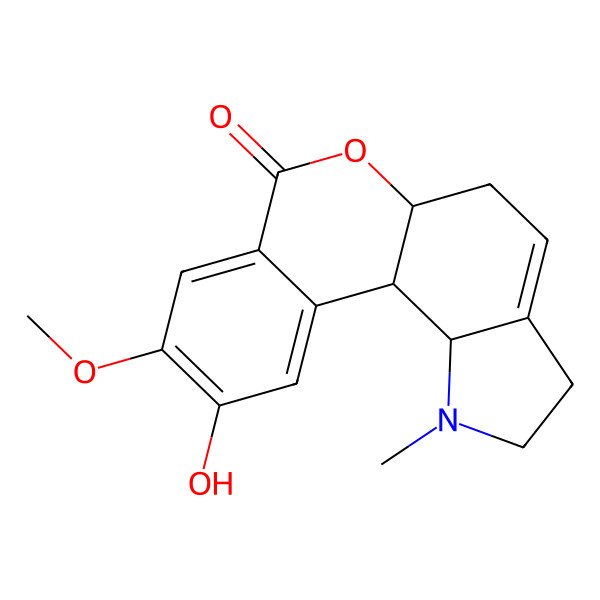 2D Structure of (5aR,11bS,11cS)-10-hydroxy-9-methoxy-1-methyl-2,3,5,5a,11b,11c-hexahydroisochromeno[3,4-g]indol-7-one