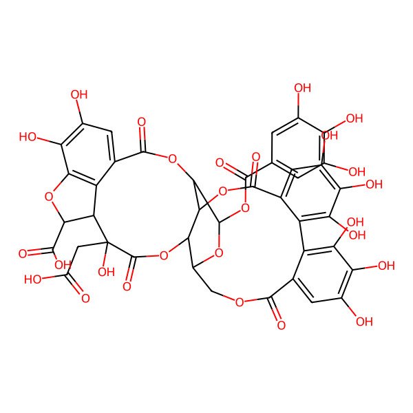2D Structure of (4R,5S,7R,25S,26R,29S,30S,31S)-29-(carboxymethyl)-13,14,15,18,19,20,29,34,35-nonahydroxy-2,10,23,28-tetraoxo-5-(3,4,5-trihydroxybenzoyl)oxy-3,6,9,24,27,32-hexaoxaheptacyclo[28.6.1.04,25.07,26.011,16.017,22.033,37]heptatriaconta-1(36),11,13,15,17,19,21,33(37),34-nonaene-31-carboxylic acid