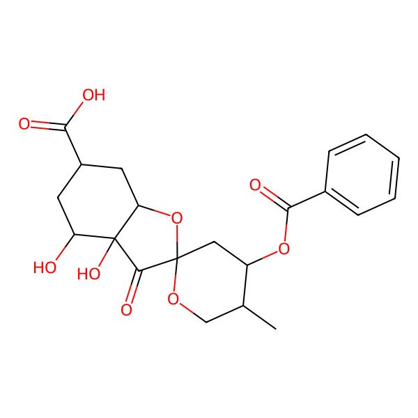 2D Structure of (2S,3aR,4S,4'S,5'R,6S,7aR)-4'-benzoyloxy-3a,4-dihydroxy-5'-methyl-3-oxospiro[5,6,7,7a-tetrahydro-4H-1-benzofuran-2,2'-oxane]-6-carboxylic acid