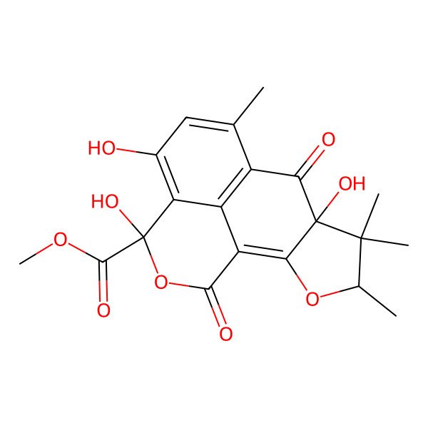 2D Structure of Methyl 4,6,14-trihydroxy-2,12,13,13-tetramethyl-8,15-dioxo-7,11-dioxatetracyclo[7.6.1.05,16.010,14]hexadeca-1(16),2,4,9-tetraene-6-carboxylate