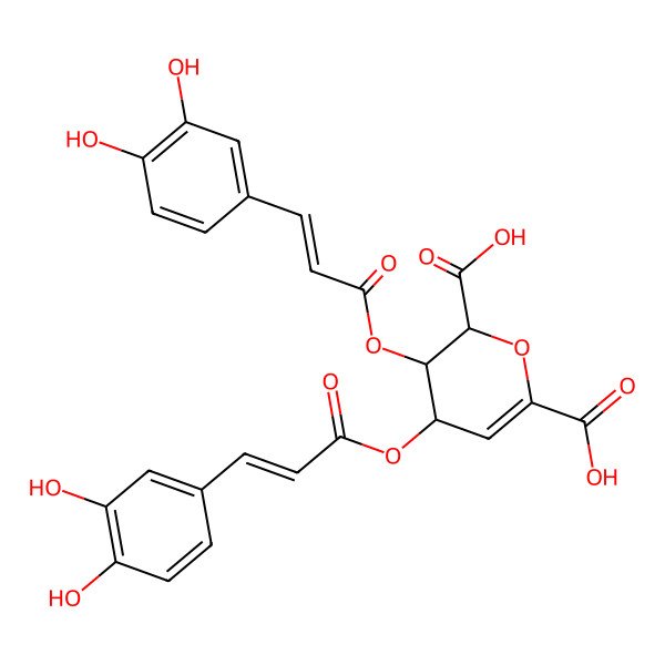 2D Structure of (2S,3R,4S)-3,4-bis[[(E)-3-(3,4-dihydroxyphenyl)prop-2-enoyl]oxy]-3,4-dihydro-2H-pyran-2,6-dicarboxylic acid