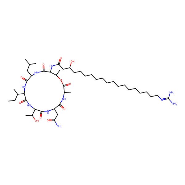 2D Structure of (3R)-N-[(3R,6R,9R,12S,15R,18S,19R)-6-(2-amino-2-oxoethyl)-12-[(2R)-butan-2-yl]-9-[(1R)-1-hydroxyethyl]-3,19-dimethyl-15-(2-methylpropyl)-2,5,8,11,14,17-hexaoxo-1-oxa-4,7,10,13,16-pentazacyclononadec-18-yl]-19-(diaminomethylideneamino)-3-hydroxynonadecanamide