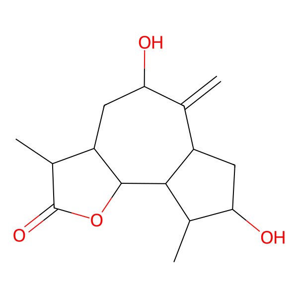 2D Structure of (3S,3aS,5R,6aR,8R,9R,9aR,9bS)-5,8-dihydroxy-3,9-dimethyl-6-methylidene-3,3a,4,5,6a,7,8,9,9a,9b-decahydroazuleno[4,5-b]furan-2-one