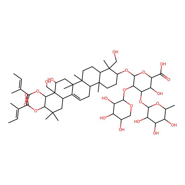 2D Structure of (2S,3S,4S,5R,6R)-6-[[(3S,4S,4aR,6aR,6bS,8R,8aR,9R,10R,12aS,14aR,14bR)-8-hydroxy-4,8a-bis(hydroxymethyl)-4,6a,6b,11,11,14b-hexamethyl-9,10-bis[[(Z)-2-methylbut-2-enoyl]oxy]-1,2,3,4a,5,6,7,8,9,10,12,12a,14,14a-tetradecahydropicen-3-yl]oxy]-3-hydroxy-4-[(2S,3R,4R,5R,6S)-3,4,5-trihydroxy-6-methyloxan-2-yl]oxy-5-[(2S,3R,4S,5R)-3,4,5-trihydroxyoxan-2-yl]oxyoxane-2-carboxylic acid