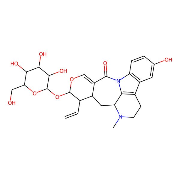 2D Structure of (12R,14S,15R,16S)-15-ethenyl-5-hydroxy-11-methyl-16-[(2S,3R,4S,5S,6R)-3,4,5-trihydroxy-6-(hydroxymethyl)oxan-2-yl]oxy-17-oxa-1,11-diazapentacyclo[10.8.1.02,7.08,21.014,19]henicosa-2(7),3,5,8(21),18-pentaen-20-one