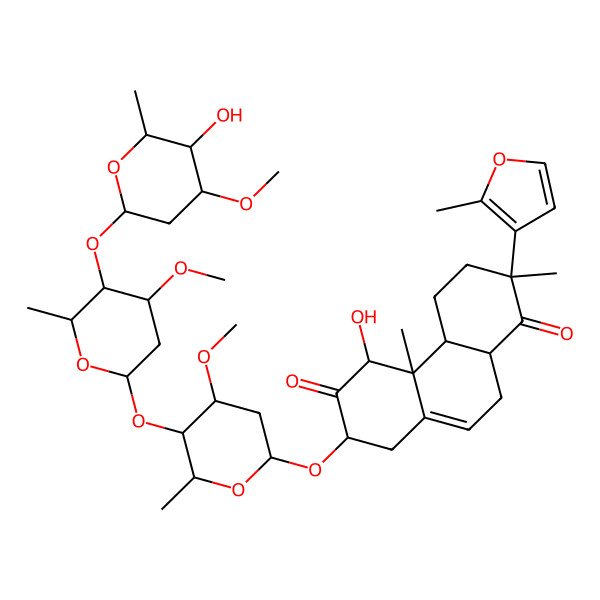 2D Structure of 5-Hydroxy-7-[5-[5-(5-hydroxy-4-methoxy-6-methyloxan-2-yl)oxy-4-methoxy-6-methyloxan-2-yl]oxy-4-methoxy-6-methyloxan-2-yl]oxy-2,4b-dimethyl-2-(2-methylfuran-3-yl)-3,4,4a,5,7,8,10,10a-octahydrophenanthrene-1,6-dione