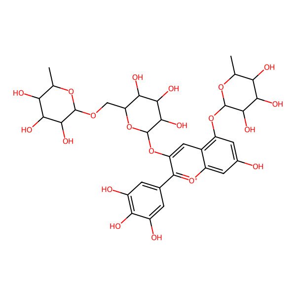 2D Structure of (2S,3R,4S,5S,6R)-2-methyl-6-[[(2R,3R,4S,5R,6S)-3,4,5-trihydroxy-6-[7-hydroxy-5-[(2S,3R,4S,5R,6R)-3,4,5-trihydroxy-6-methyloxan-2-yl]oxy-2-(3,4,5-trihydroxyphenyl)chromenylium-3-yl]oxyoxan-2-yl]methoxy]oxane-3,4,5-triol