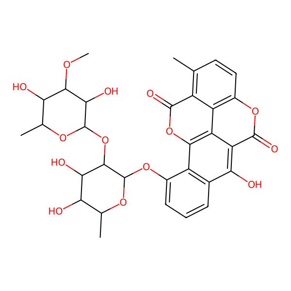 2D Structure of Benzo(h)(1)benzopyrano(5,4,3-cde)(1)benzopyran-5,12-dione, 10-((6-deoxy-2-O-(6-deoxy-3-O-methyl-alpha-D-galactopyranosyl)-beta-D-galactopyranosyl)oxy)-6-hydroxy-1-methyl-