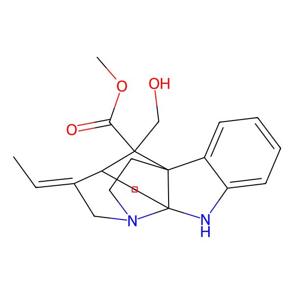 2D Structure of methyl (1S,9S,12S,13E,18R)-13-ethylidene-18-(hydroxymethyl)-8,15-diazapentacyclo[10.5.1.01,9.02,7.09,15]octadeca-2,4,6-triene-18-carboxylate