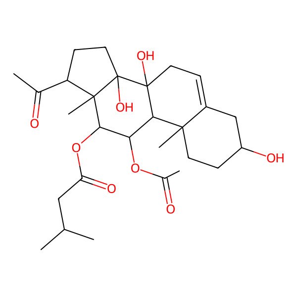 2D Structure of [(3S,8S,9S,10R,11S,12S,13S,14R,17S)-17-acetyl-11-acetyloxy-3,8,14-trihydroxy-10,13-dimethyl-2,3,4,7,9,11,12,15,16,17-decahydro-1H-cyclopenta[a]phenanthren-12-yl] 3-methylbutanoate