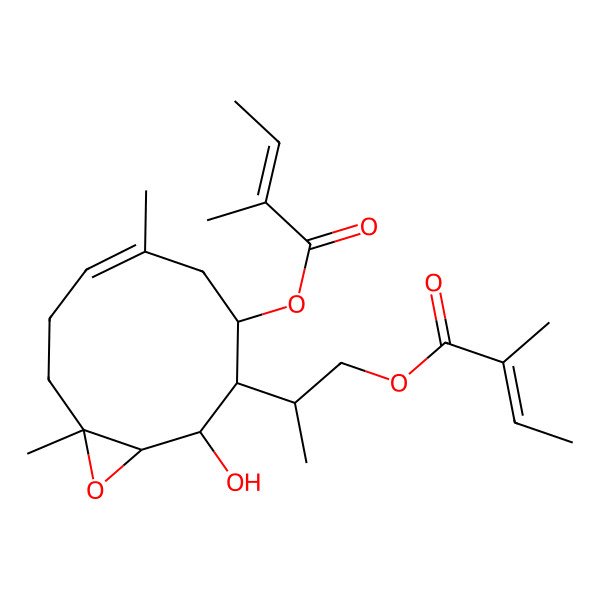 2D Structure of 2-[2-Hydroxy-6,10-dimethyl-4-(2-methylbut-2-enoyloxy)-11-oxabicyclo[8.1.0]undec-6-en-3-yl]propyl 2-methylbut-2-enoate