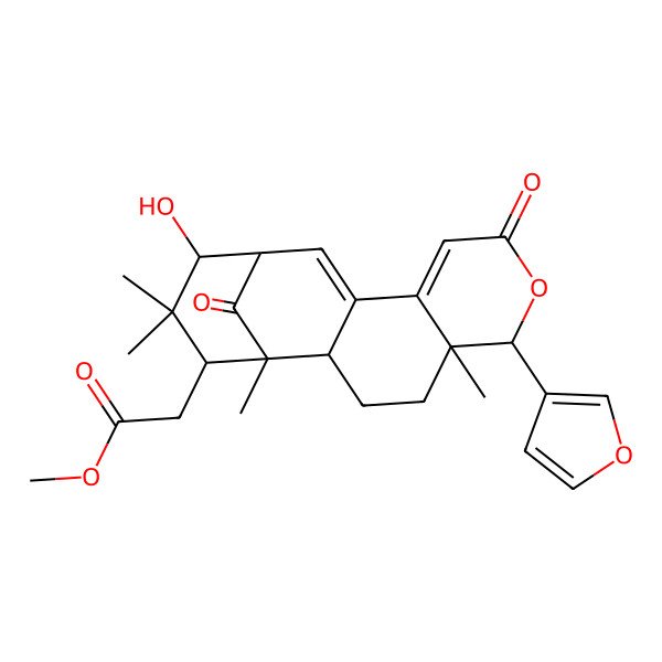 2D Structure of methyl 2-[(1R,2S,5R,6R,13S,14R,16S)-6-(furan-3-yl)-14-hydroxy-1,5,15,15-tetramethyl-8,17-dioxo-7-oxatetracyclo[11.3.1.02,11.05,10]heptadeca-9,11-dien-16-yl]acetate