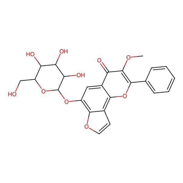 2D Structure of 3-methoxy-2-phenyl-6-[(2S,3R,4S,5S,6R)-3,4,5-trihydroxy-6-(hydroxymethyl)oxan-2-yl]oxyfuro[2,3-h]chromen-4-one