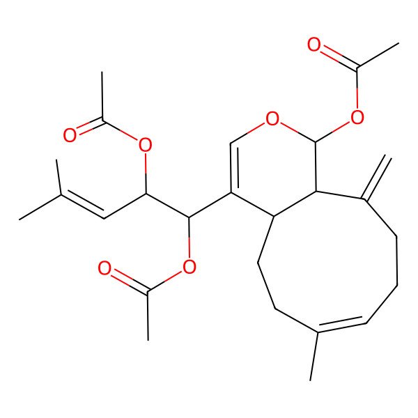 2D Structure of [4-(1,2-diacetyloxy-4-methylpent-3-enyl)-7-methyl-11-methylidene-4a,5,6,9,10,11a-hexahydro-1H-cyclonona[c]pyran-1-yl] acetate
