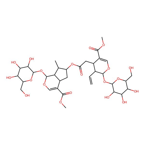 2D Structure of methyl (1S,6S,7R)-6-[2-[(2S)-3-ethenyl-5-methoxycarbonyl-2-[(2S,3R,4S,5S,6R)-3,4,5-trihydroxy-6-(hydroxymethyl)oxan-2-yl]oxy-3,4-dihydro-2H-pyran-4-yl]acetyl]oxy-7-methyl-1-[(2S,3R,4S,5S,6R)-3,4,5-trihydroxy-6-(hydroxymethyl)oxan-2-yl]oxy-1,4a,5,6,7,7a-hexahydrocyclopenta[c]pyran-4-carboxylate