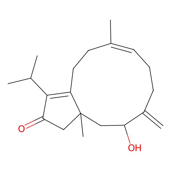 2D Structure of (3aR,5S,9E)-5-hydroxy-3a,10-dimethyl-6-methylidene-1-propan-2-yl-4,5,7,8,11,12-hexahydro-3H-cyclopenta[11]annulen-2-one