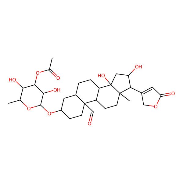 2D Structure of [2-[[10-formyl-14,16-dihydroxy-13-methyl-17-(5-oxo-2H-furan-3-yl)-1,2,3,4,5,6,7,8,9,11,12,15,16,17-tetradecahydrocyclopenta[a]phenanthren-3-yl]oxy]-3,5-dihydroxy-6-methyloxan-4-yl] acetate