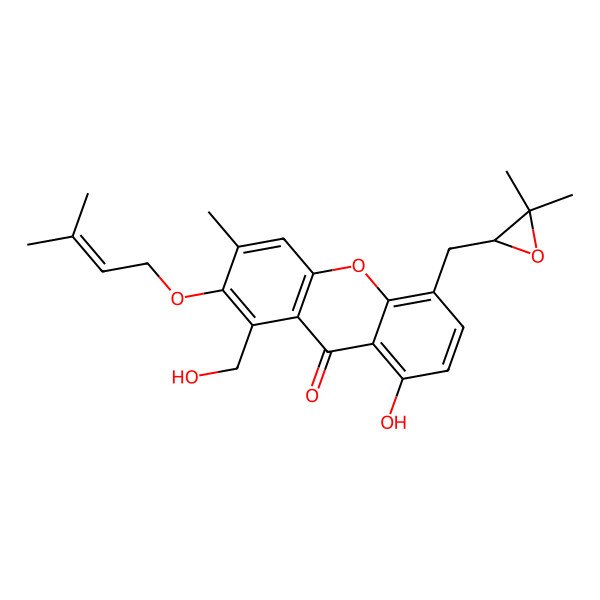 2D Structure of 5-[[(2R)-3,3-dimethyloxiran-2-yl]methyl]-8-hydroxy-1-(hydroxymethyl)-3-methyl-2-(3-methylbut-2-enoxy)xanthen-9-one