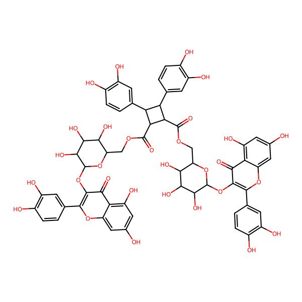 2D Structure of bis[[(2R,3R,4S,5R,6S)-6-[2-(3,4-dihydroxyphenyl)-5,7-dihydroxy-4-oxochromen-3-yl]oxy-3,4,5-trihydroxyoxan-2-yl]methyl] (1S,2S,3S,4S)-3,4-bis(3,4-dihydroxyphenyl)cyclobutane-1,2-dicarboxylate