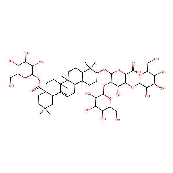 2D Structure of (2S,3S,4S,5R,6R)-6-[[(3S,4aR,6aR,6bS,8aS,12aS,14aR,14bR)-4,4,6a,6b,11,11,14b-heptamethyl-8a-[(2S,3R,4S,5S,6R)-3,4,5-trihydroxy-6-(hydroxymethyl)oxan-2-yl]oxycarbonyl-1,2,3,4a,5,6,7,8,9,10,12,12a,14,14a-tetradecahydropicen-3-yl]oxy]-4-hydroxy-3-[(2S,3R,4S,5S,6R)-3,4,5-trihydroxy-6-(hydroxymethyl)oxan-2-yl]oxy-5-[(2S,3R,4S,5R,6R)-3,4,5-trihydroxy-6-(hydroxymethyl)oxan-2-yl]oxyoxane-2-carboxylic acid