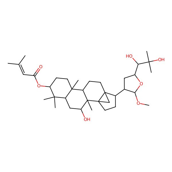 2D Structure of [15-[5-(1,2-Dihydroxy-2-methylpropyl)-2-methoxyoxolan-3-yl]-3-hydroxy-2,6,6,10-tetramethyl-7-pentacyclo[12.3.1.01,14.02,11.05,10]octadecanyl] 3-methylbut-2-enoate