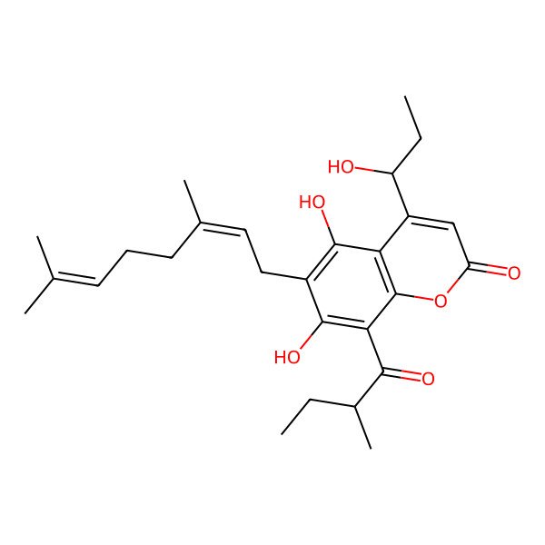 2D Structure of 5,7-Dihydroxy-4-(1-hydroxypropyl)-8-(2-methylbutanoyl)-6-[3,7-dimeth ylocta-2,6-dienyl]-2h-chromen-2-one