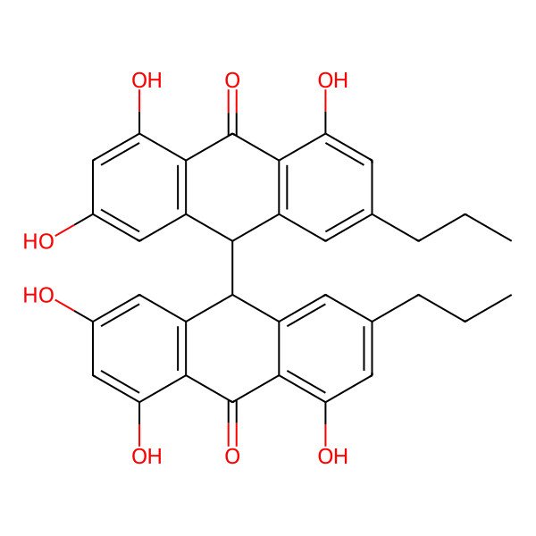 2D Structure of 1,3,8-trihydroxy-6-propyl-10-(2,4,5-trihydroxy-10-oxo-7-propyl-9H-anthracen-9-yl)-10H-anthracen-9-one