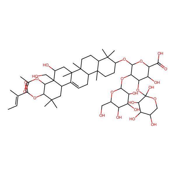 2D Structure of (2S,3S,4S,5R,6R)-6-[[(3S,4aR,6aR,6bS,8R,8aR,9R,10R,12aS,14aR,14bR)-9-acetyloxy-8-hydroxy-8a-(hydroxymethyl)-4,4,6a,6b,11,11,14b-heptamethyl-10-[(Z)-2-methylbut-2-enoyl]oxy-1,2,3,4a,5,6,7,8,9,10,12,12a,14,14a-tetradecahydropicen-3-yl]oxy]-3-hydroxy-4-[(2R,3R,4S,5S)-2,3,4,5-tetrahydroxyoxan-2-yl]oxy-5-[(2S,3R,4S,5S,6R)-3,4,5-trihydroxy-6-(hydroxymethyl)oxan-2-yl]oxyoxane-2-carboxylic acid