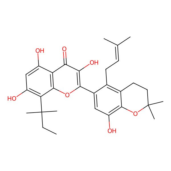 2D Structure of 8-(1,1-Dimethylpropyl)-3,5,7-trihydroxy-2-[8-hydroxy-2,2-dimethyl-5-(3-methylbut-2-enyl)chroman-6-yl]chromen-4-one