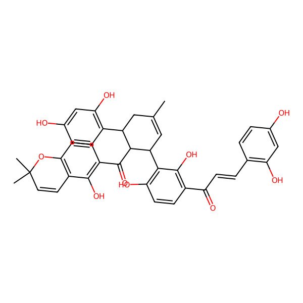 2D Structure of (2E)-3-(2,4-Dihydroxyphenyl)-1-[3-[(1S,5S,6R)-5-(2,4-dihydroxyphenyl)-6-[(5-hydroxy-2,2-dimethyl-2H-1-benzopyran-6-yl)carbonyl]-3-methyl-2-cyclohexen-1-yl]-2,4-dihydroxyphenyl]-2-propen-1-one