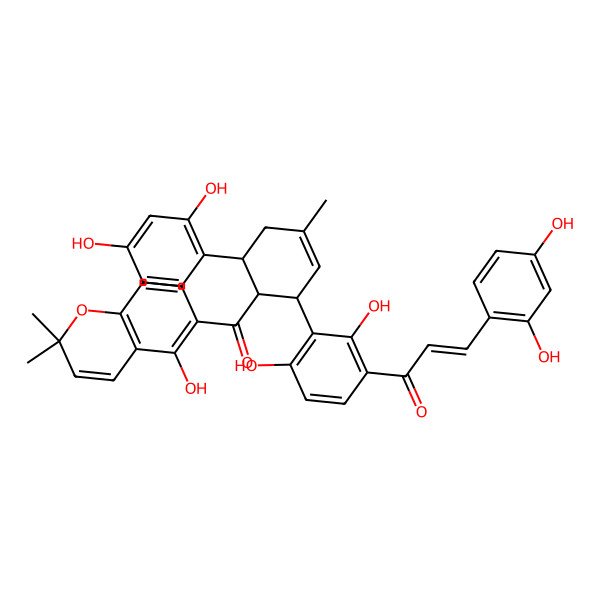 2D Structure of (2E)-3-(2,4-Dihydroxyphenyl)-1-[3-[(1S,5S,6R)-5-(2,4-dihydroxyphenyl)-6-[(5-hydroxy-2,2-dimethyl-2H-1-benzopyran-6-yl)carbonyl]-3-methyl-2-cyclohexen-1-yl]-2,4-dihydroxyphenyl]-2-propen-1-one