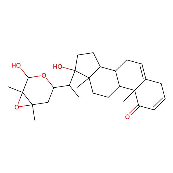 2D Structure of (8R,9R,10R,13S,14S,17S)-17-hydroxy-17-[(1R)-1-[(1S,2R,4R,6S)-2-hydroxy-1,6-dimethyl-3,7-dioxabicyclo[4.1.0]heptan-4-yl]ethyl]-10,13-dimethyl-7,8,9,11,12,14,15,16-octahydro-4H-cyclopenta[a]phenanthren-1-one