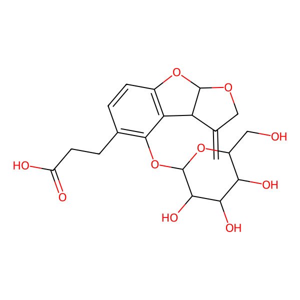 2D Structure of 3-[(3aR,8bS)-1-methylidene-8-[(2R,3R,4S,5S,6R)-3,4,5-trihydroxy-6-(hydroxymethyl)oxan-2-yl]oxy-3a,8b-dihydrofuro[2,3-b][1]benzofuran-7-yl]propanoic acid