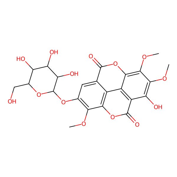 2D Structure of 5-hydroxy-6,7,14-trimethoxy-13-[(2S,3R,4S,5S,6R)-3,4,5-trihydroxy-6-(hydroxymethyl)oxan-2-yl]oxy-2,9-dioxatetracyclo[6.6.2.04,16.011,15]hexadeca-1(15),4(16),5,7,11,13-hexaene-3,10-dione