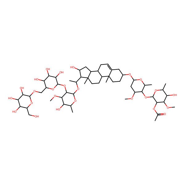 2D Structure of [(2S,3R,4S,5S,6R)-5-hydroxy-2-[(2R,3R,4S,6R)-6-[[(3S,8S,9S,10R,13S,14S,16S,17R)-16-hydroxy-17-[(1R)-1-[(2R,3R,4S,5S,6R)-5-hydroxy-4-methoxy-6-methyl-3-[(2S,3R,4S,5S,6R)-3,4,5-trihydroxy-6-[[(2R,3R,4S,5S,6R)-3,4,5-trihydroxy-6-(hydroxymethyl)oxan-2-yl]oxymethyl]oxan-2-yl]oxyoxan-2-yl]oxyethyl]-10,13-dimethyl-2,3,4,7,8,9,11,12,14,15,16,17-dodecahydro-1H-cyclopenta[a]phenanthren-3-yl]oxy]-4-methoxy-2-methyloxan-3-yl]oxy-4-methoxy-6-methyloxan-3-yl] acetate