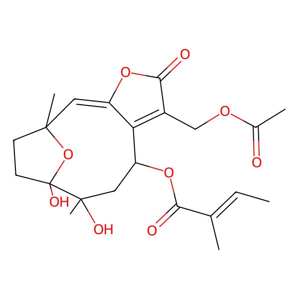 2D Structure of [6-(Acetyloxymethyl)-10,11-dihydroxy-1,10-dimethyl-5-oxo-4,14-dioxatricyclo[9.2.1.03,7]tetradeca-2,6-dien-8-yl] 2-methylbut-2-enoate