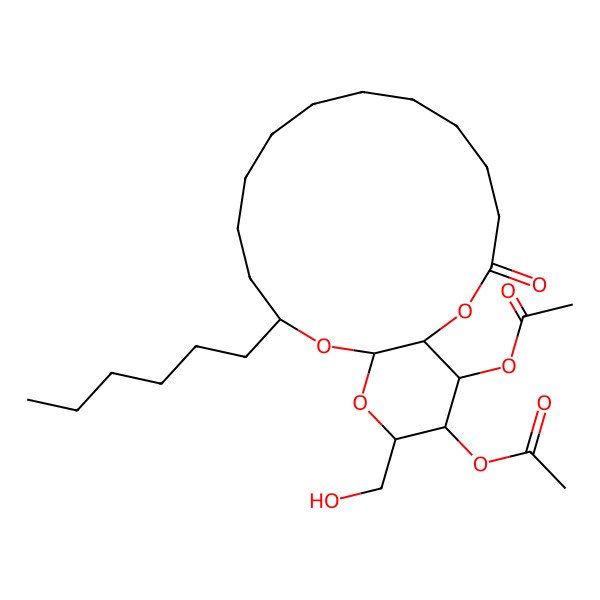 2D Structure of [(1R,14R,16R,18R,19R,20S)-20-acetyloxy-14-hexyl-18-(hydroxymethyl)-3-oxo-2,15,17-trioxabicyclo[14.4.0]icosan-19-yl] acetate
