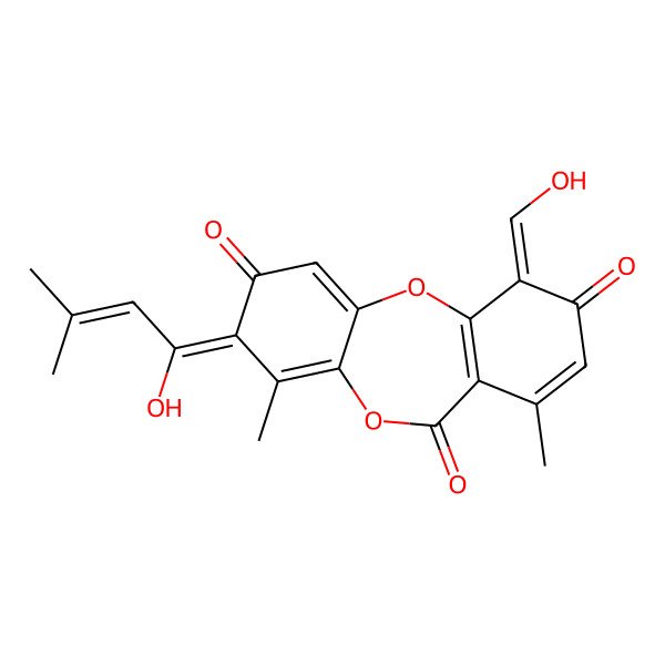 2D Structure of 3-(1-Hydroxy-3-methylbut-2-enylidene)-10-(hydroxymethylidene)-4,7-dimethylbenzo[b][1,4]benzodioxepine-2,6,9-trione