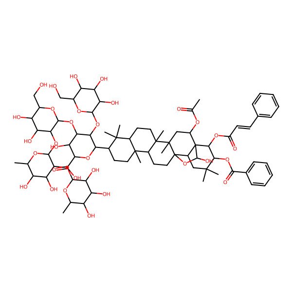 2D Structure of (2S,3S,4S,5S,6S)-6-[(1R,2R,4S,5R,8S,10S,13S,14R,17S,18R,21R,22R,23S)-2-acetyloxy-21-benzoyloxy-23-hydroxy-4,5,9,9,13,20,20-heptamethyl-22-[(E)-3-phenylprop-2-enoyl]oxy-24-oxahexacyclo[15.5.2.01,18.04,17.05,14.08,13]tetracosan-10-yl]-4-[(2S,3R,4S,5R,6R)-3-[(2S,3R,4R,5R,6S)-4,5-dihydroxy-6-methyl-3-[(2S,3R,4R,5R,6S)-3,4,5-trihydroxy-6-methyloxan-2-yl]oxyoxan-2-yl]oxy-4,5-dihydroxy-6-(hydroxymethyl)oxan-2-yl]oxy-3-hydroxy-5-[(2S,3R,4S,5R,6R)-3,4,5-trihydroxy-6-(hydroxymethyl)oxan-2-yl]oxyoxane-2-carboxylic acid