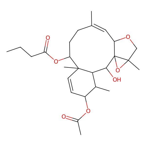 2D Structure of [(1R,2S,3S,4R,5R,8S,9S,12Z,14S,17S)-5-acetyloxy-2-hydroxy-4,8,12,17-tetramethyl-15,18-dioxatetracyclo[12.4.0.01,17.03,8]octadeca-6,12-dien-9-yl] butanoate