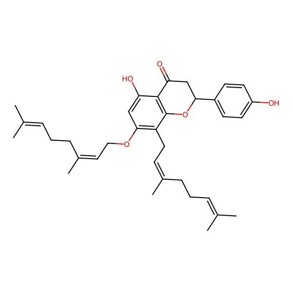 2D Structure of (2S)-7-[(2E)-3,7-dimethylocta-2,6-dienoxy]-8-[(2E)-3,7-dimethylocta-2,6-dienyl]-5-hydroxy-2-(4-hydroxyphenyl)-2,3-dihydrochromen-4-one
