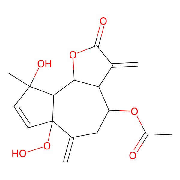 2D Structure of (6a-hydroperoxy-9-hydroxy-9-methyl-3,6-dimethylidene-2-oxo-4,5,9a,9b-tetrahydro-3aH-azuleno[4,5-b]furan-4-yl) acetate