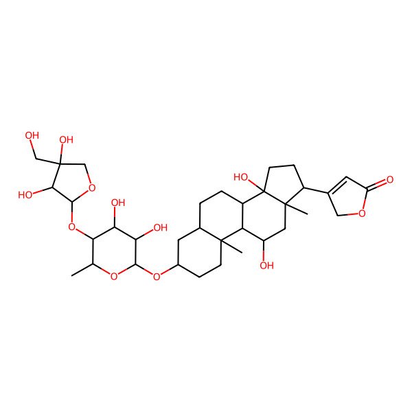 2D Structure of 3-[(3S,5R,8R,9S,10S,11R,13R,14S,17R)-3-[(2R,3R,4S,5R,6S)-5-[(2S,3R,4R)-3,4-dihydroxy-4-(hydroxymethyl)oxolan-2-yl]oxy-3,4-dihydroxy-6-methyloxan-2-yl]oxy-11,14-dihydroxy-10,13-dimethyl-1,2,3,4,5,6,7,8,9,11,12,15,16,17-tetradecahydrocyclopenta[a]phenanthren-17-yl]-2H-furan-5-one