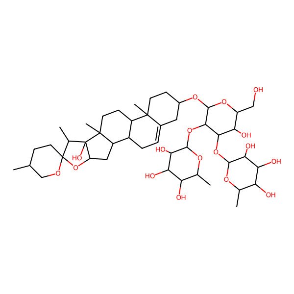 2D Structure of (2S,3R,4R,5R,6S)-2-[(2R,3R,4S,5R,6R)-3-hydroxy-2-(hydroxymethyl)-6-[(1R,2S,4S,5'R,6R,7S,8S,9S,12S,13R,16S)-8-hydroxy-5',7,9,13-tetramethylspiro[5-oxapentacyclo[10.8.0.02,9.04,8.013,18]icos-18-ene-6,2'-oxane]-16-yl]oxy-5-[(2S,3R,4R,5R,6S)-3,4,5-trihydroxy-6-methyloxan-2-yl]oxyoxan-4-yl]oxy-6-methyloxane-3,4,5-triol