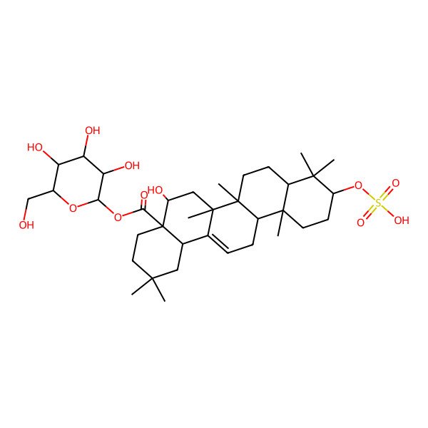 2D Structure of [(2S,3R,4S,5S,6R)-3,4,5-trihydroxy-6-(hydroxymethyl)oxan-2-yl] (4aR,5R,6aR,6aS,6bR,8aR,10S,12aR,14bS)-5-hydroxy-2,2,6a,6b,9,9,12a-heptamethyl-10-sulfooxy-1,3,4,5,6,6a,7,8,8a,10,11,12,13,14b-tetradecahydropicene-4a-carboxylate