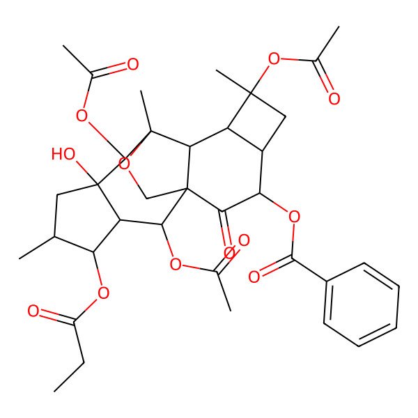 2D Structure of [(1R,2S,3S,4R,5R,7S,8S,9S,10S,11R,12R,14S,15S)-2,8,12-triacetyloxy-7-hydroxy-5,9,12-trimethyl-16-oxo-4-propanoyloxy-18-oxapentacyclo[7.7.2.01,10.03,7.011,14]octadecan-15-yl] benzoate