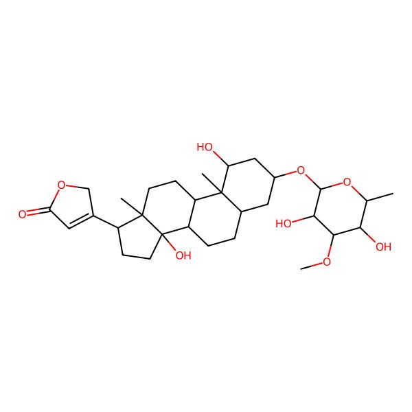 2D Structure of 3-[(1R,3R,5R,8R,9S,10S,13R,14S,17R)-3-(3,5-dihydroxy-4-methoxy-6-methyloxan-2-yl)oxy-1,14-dihydroxy-10,13-dimethyl-1,2,3,4,5,6,7,8,9,11,12,15,16,17-tetradecahydrocyclopenta[a]phenanthren-17-yl]-2H-furan-5-one