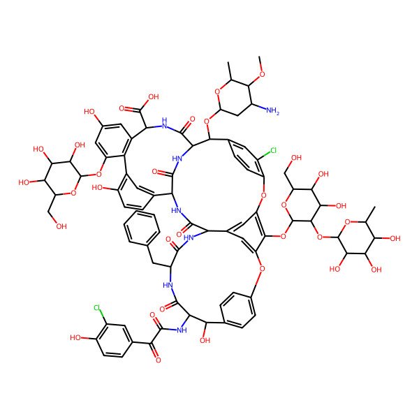 2D Structure of (1S,2R,18R,19R,22S,25R,28R,40S)-2-[(2R,4S,5R,6S)-4-amino-5-methoxy-6-methyloxan-2-yl]oxy-22-benzyl-5-chloro-19-[[2-(3-chloro-4-hydroxyphenyl)-2-oxoacetyl]amino]-48-[(2S,3R,4S,5S,6R)-4,5-dihydroxy-6-(hydroxymethyl)-3-[(2S,3R,4R,5R)-3,4,5-trihydroxy-6-methyloxan-2-yl]oxyoxan-2-yl]oxy-18,32,37-trihydroxy-20,23,26,42,44-pentaoxo-35-[(2R,3S,4S,5S,6R)-3,4,5-trihydroxy-6-(hydroxymethyl)oxan-2-yl]oxy-7,13-dioxa-21,24,27,41,43-pentazaoctacyclo[26.14.2.23,6.214,17.18,12.129,33.010,25.034,39]pentaconta-3,5,8,10,12(48),14(47),15,17(46),29(45),30,32,34(39),35,37,49-pentadecaene-40-carboxylic acid